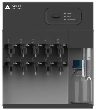 inQuiQ instrument, front view: ten numbered sample positions, four channels and three buffer positions.